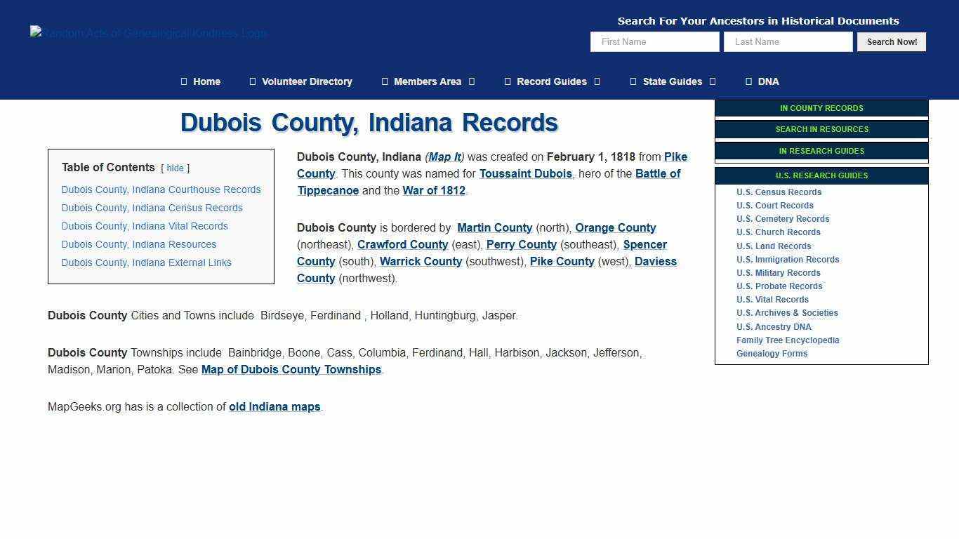 Dubois County, Indiana Genealogy Guide